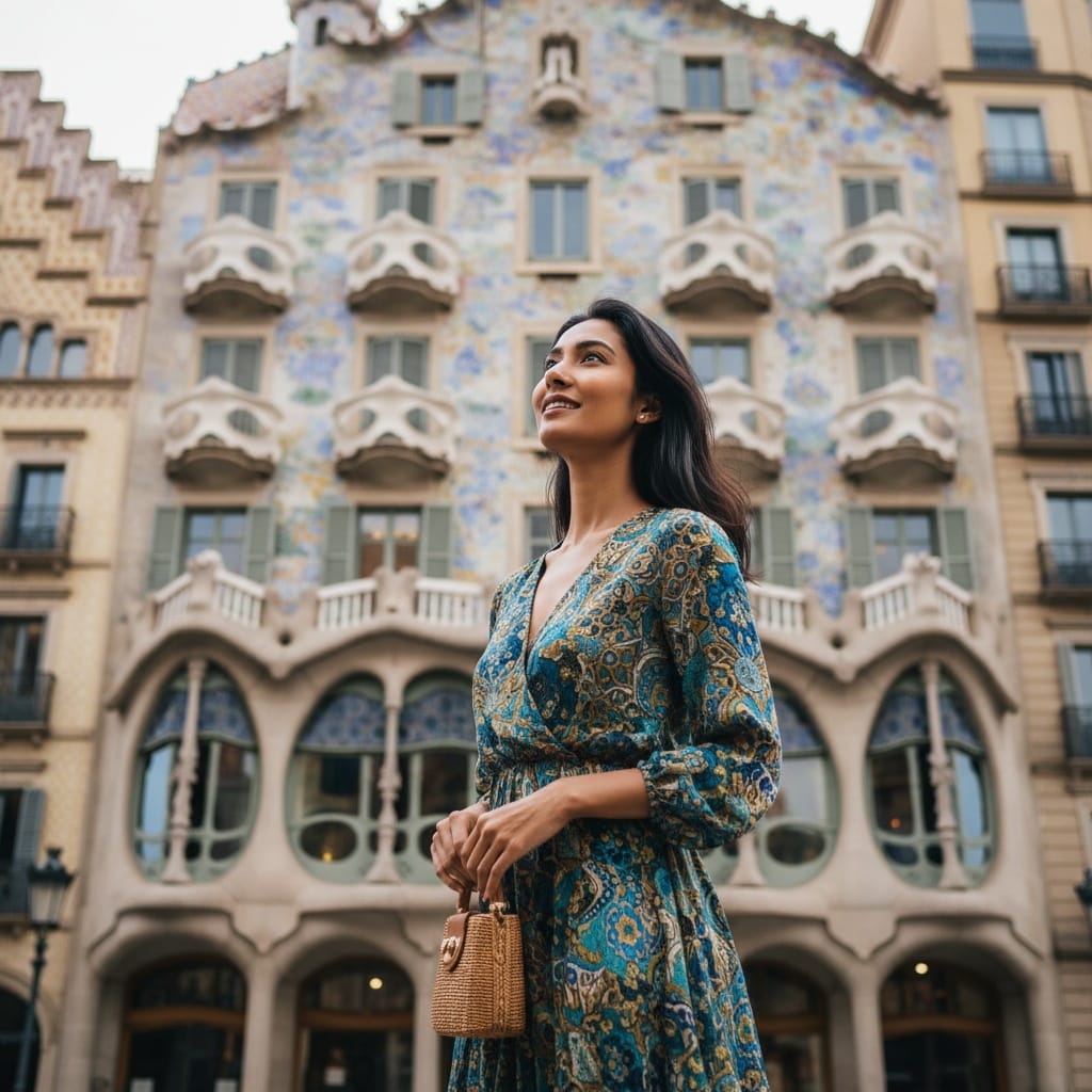 slim indian woman casa batllo balcony facade 64435191