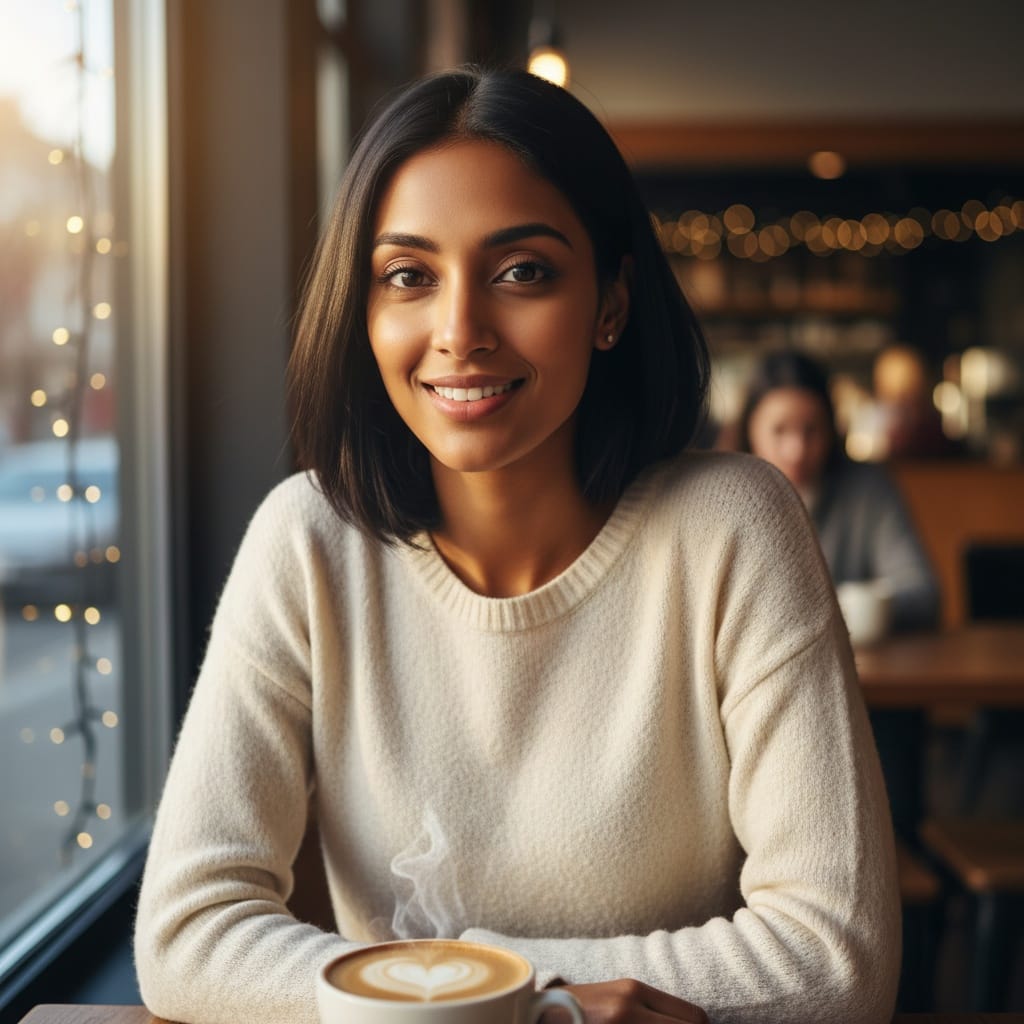 slim indian woman coffee shop casual smile 31090030