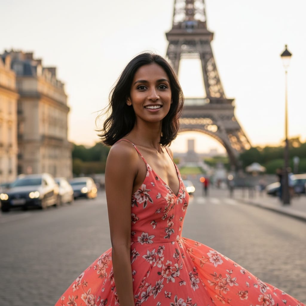 slim indian woman eiffel tower sunset portrait 97359441