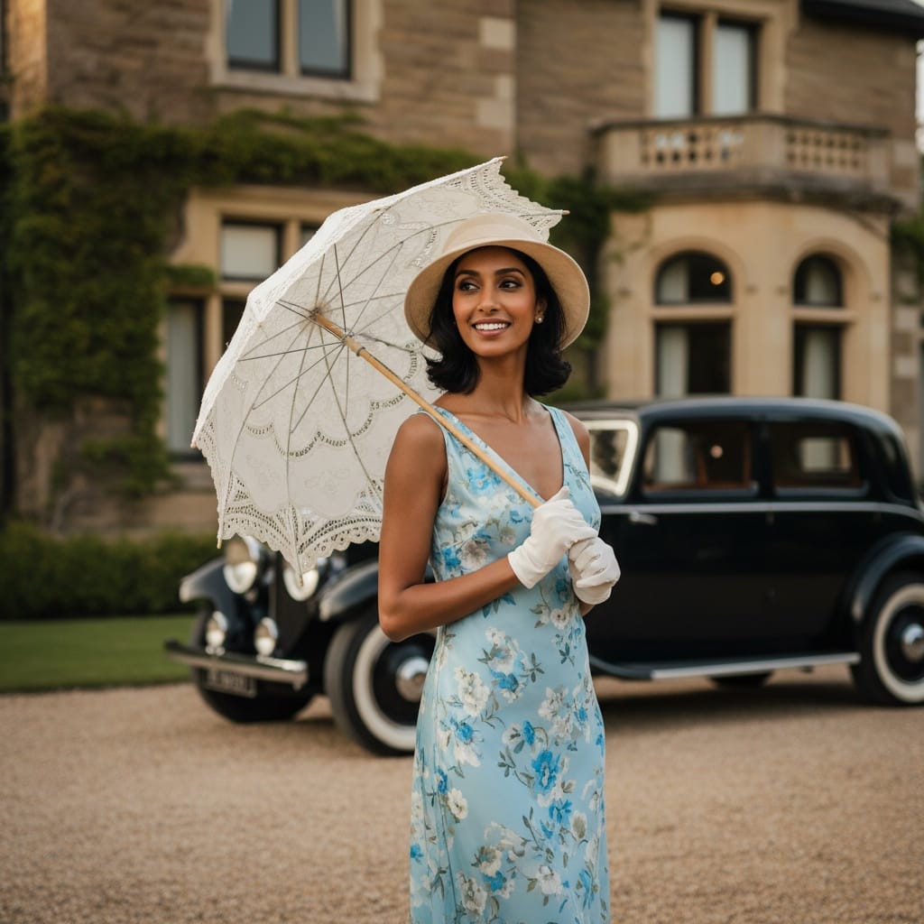 slim indian woman gatsby mansion exterior 85820461