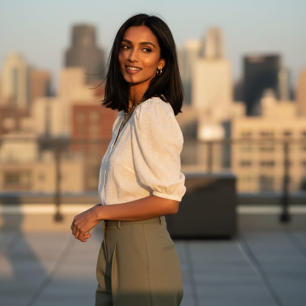 slim indian woman golden hour rooftop portrait 88639685