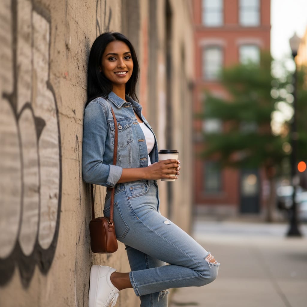 slim indian woman leaning wall urban cool 10845591