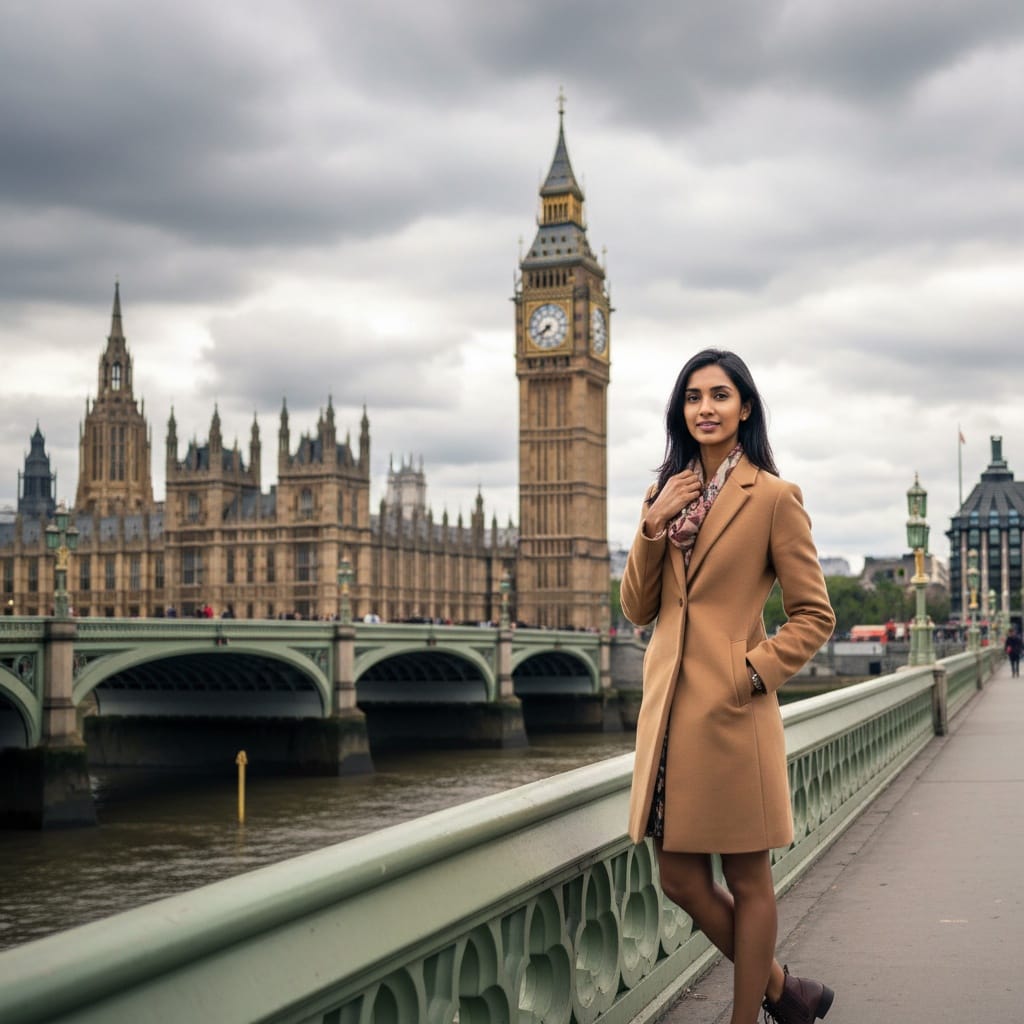 slim indian woman london big ben portrait 74232104