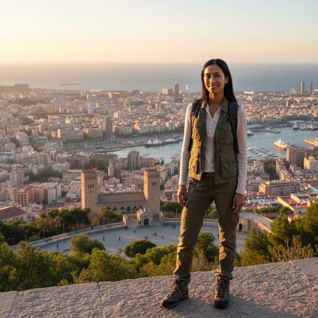slim indian woman montjuic panoramic overlook 76398761