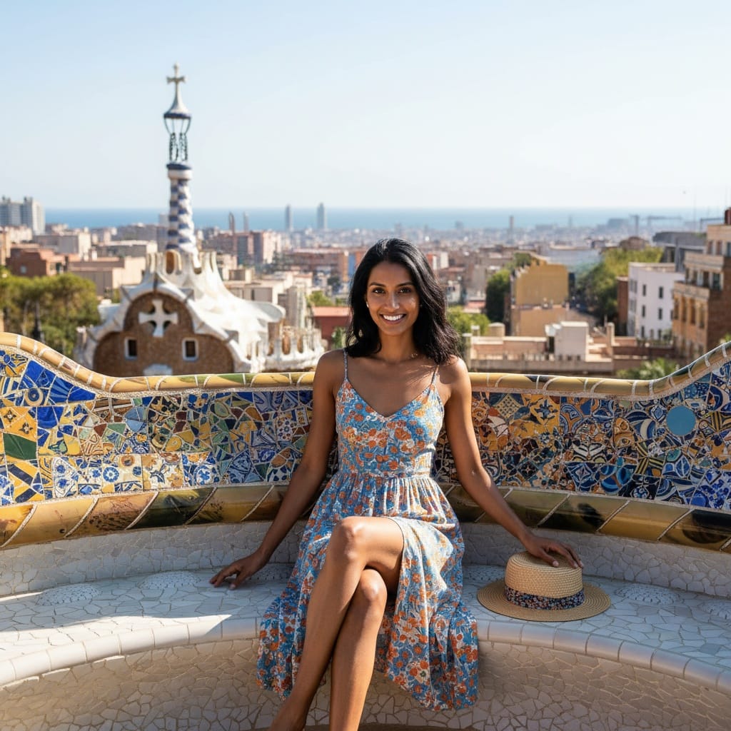 slim indian woman park guell mosaic bench 10802402