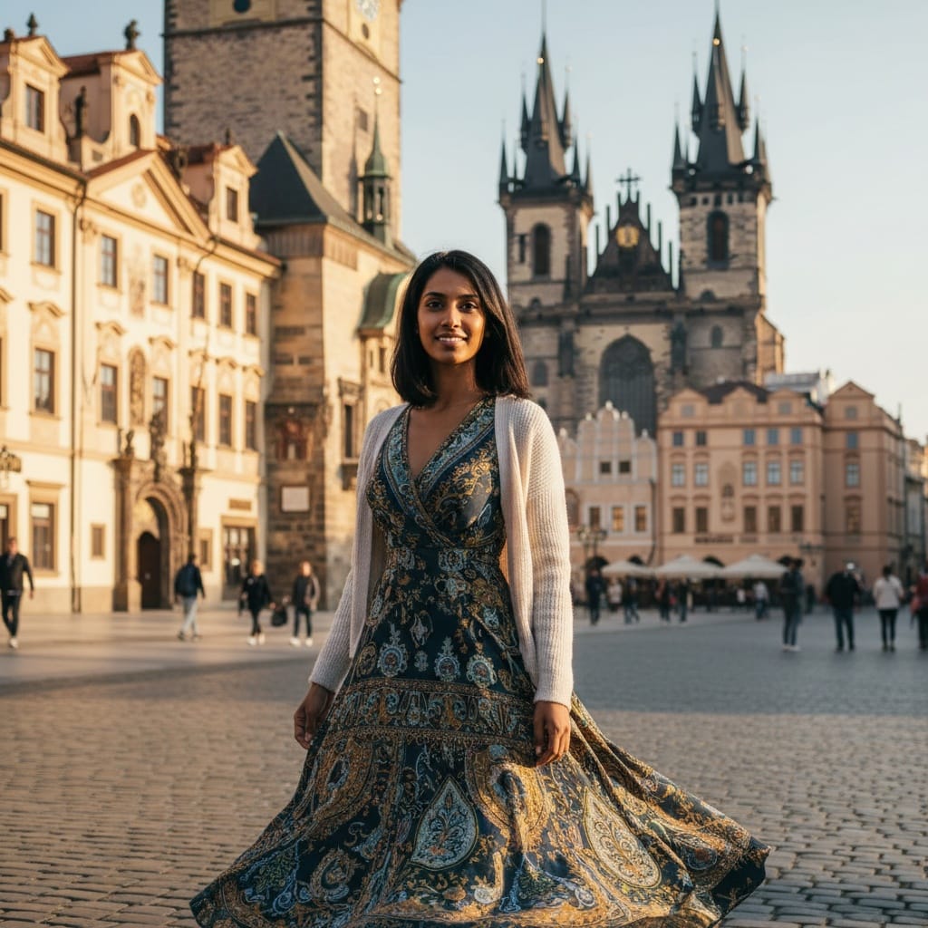 slim indian woman prague old town square 90594656