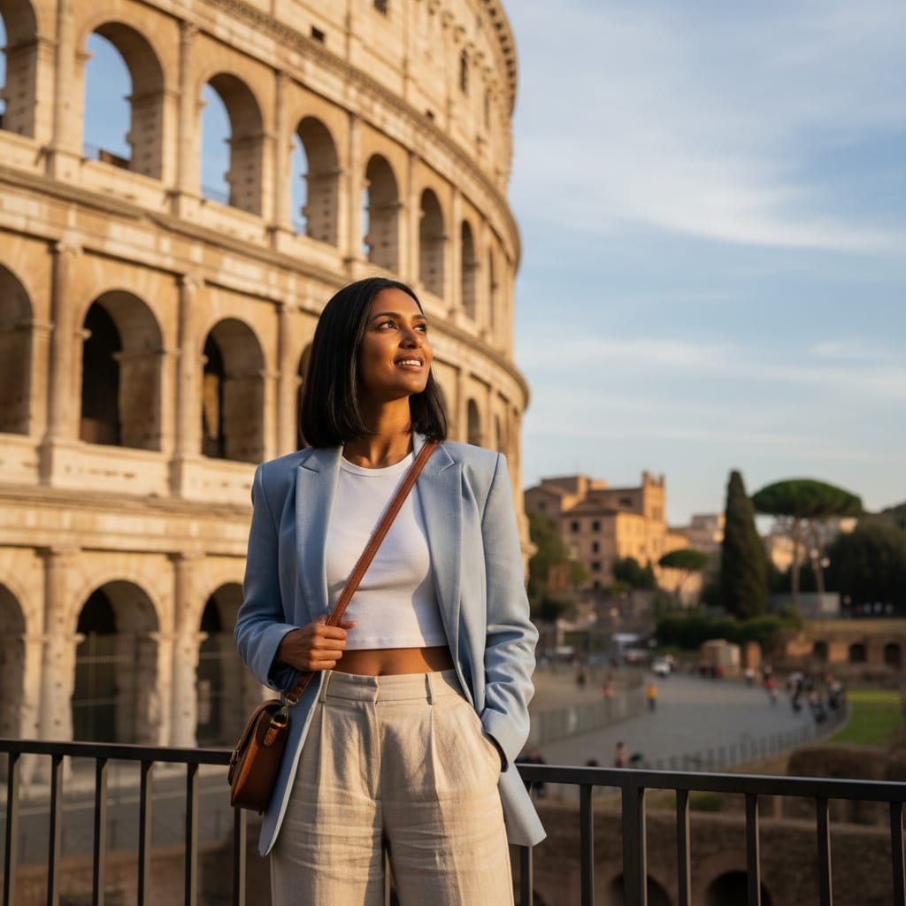 slim indian woman rome colosseum tourist 56818570