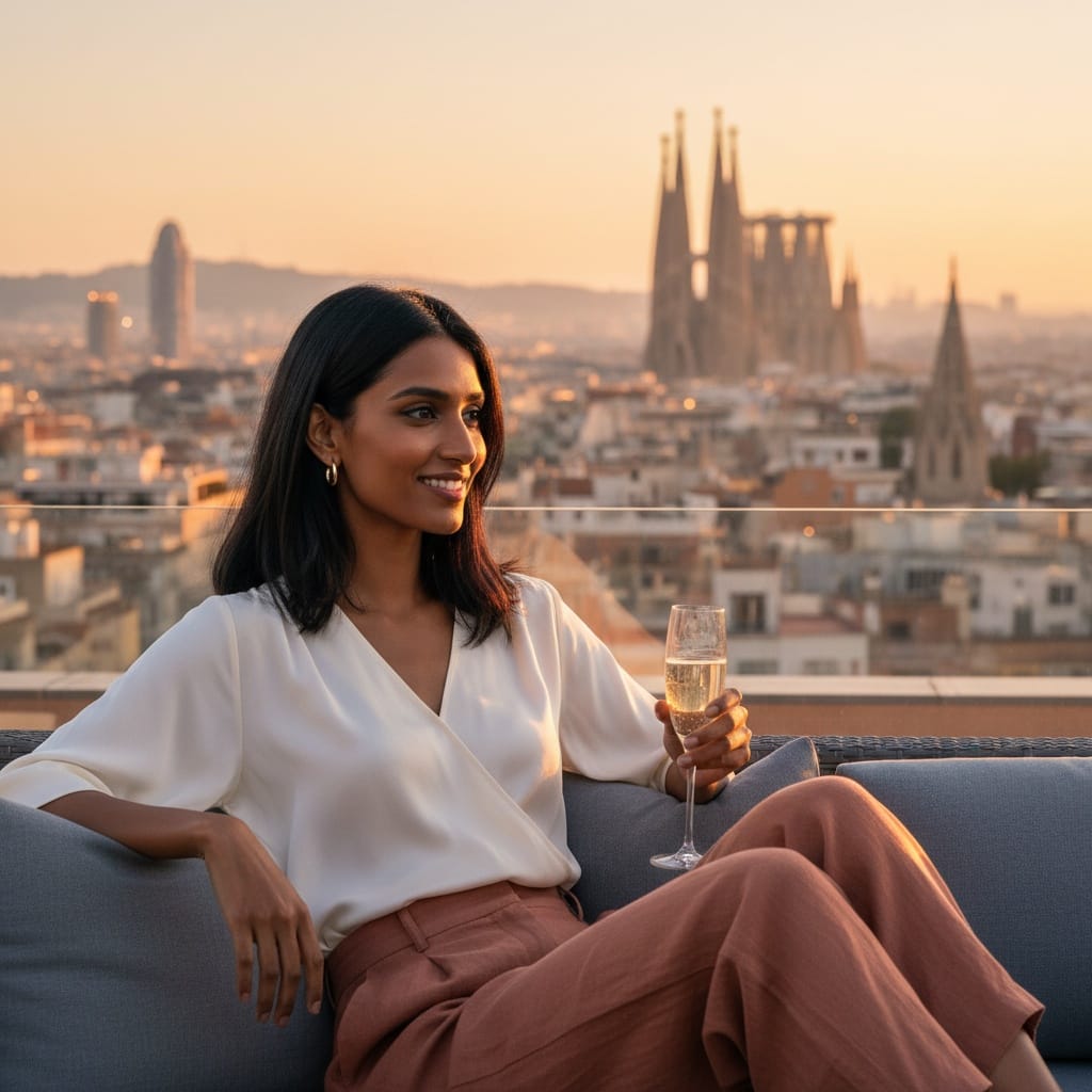 slim indian woman rooftop terrace cityscape 84528511