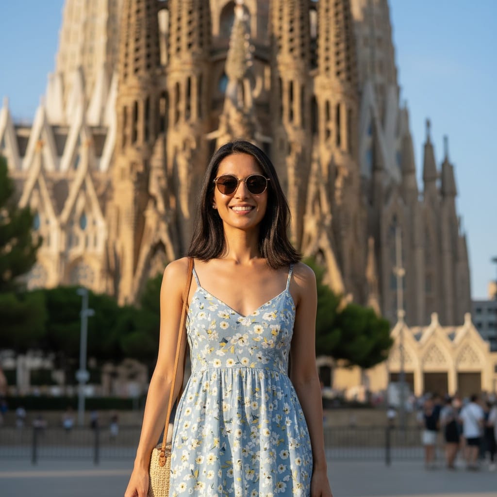 slim indian woman sagrada familia exterior portrait 35527035