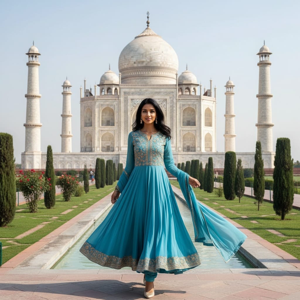 slim indian woman taj mahal garden walk 91624758
