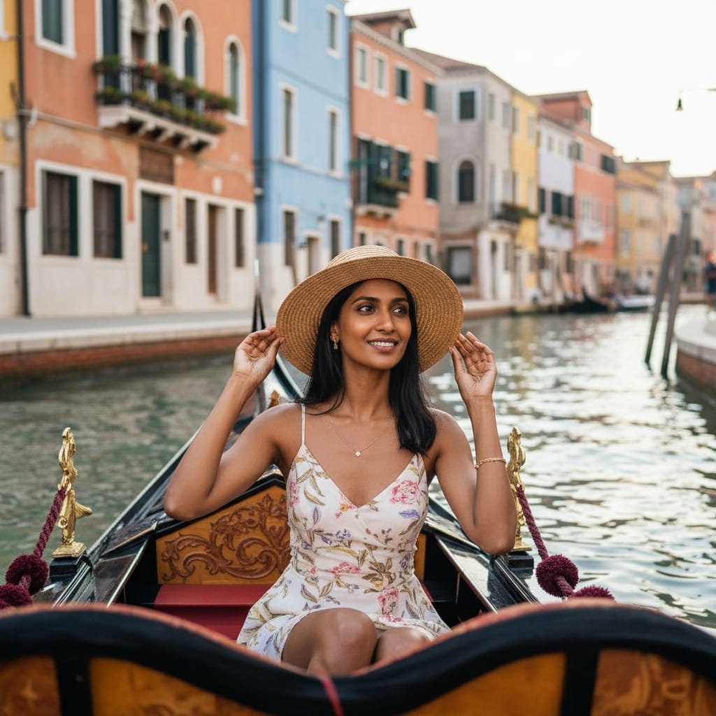 slim indian woman venice gondola ride 60142778