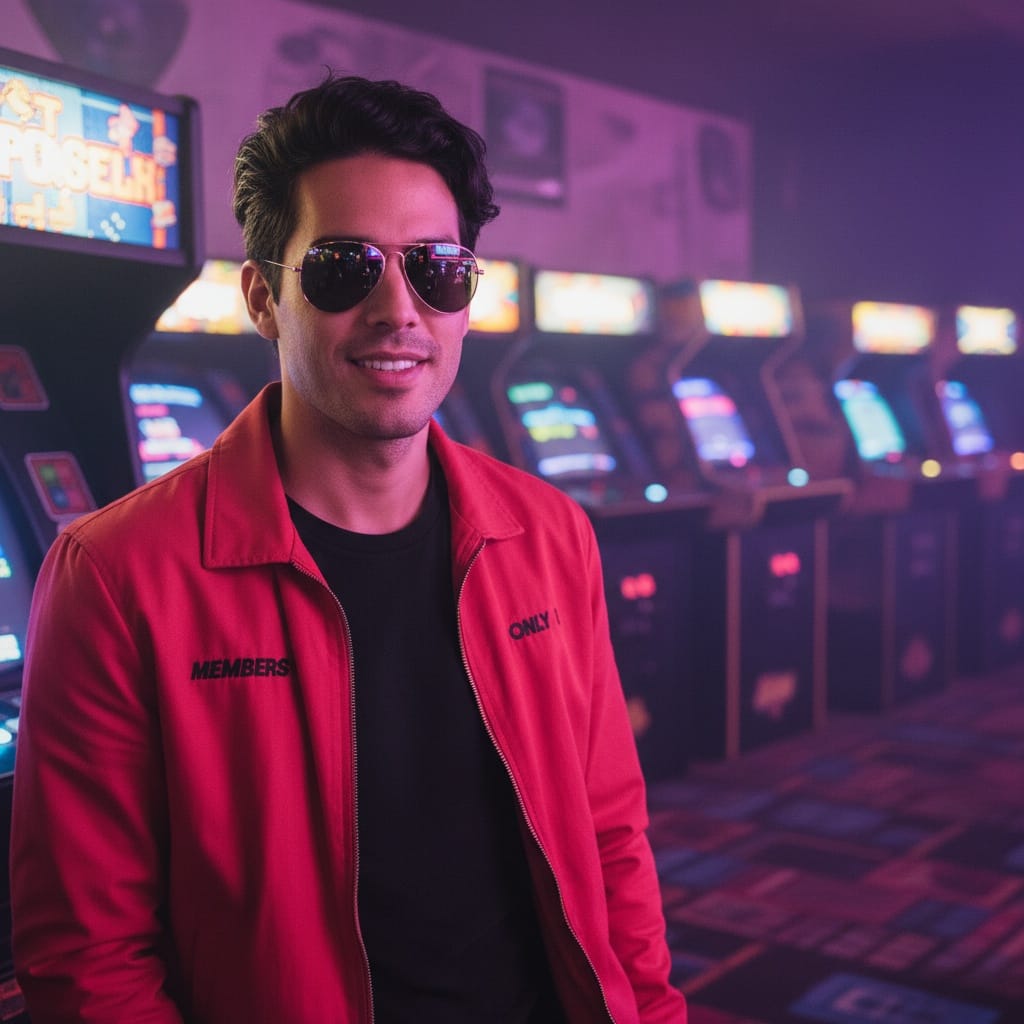 slim latino man arcade gaming atmosphere 94097868