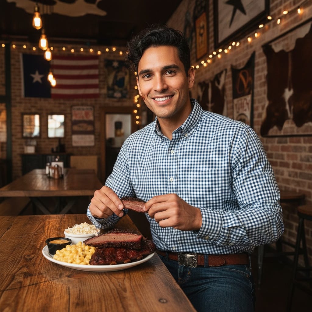 slim latino man barbecue restaurant scene 28404216