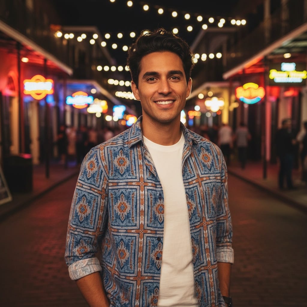 slim latino man bourbon street neon night 79205665