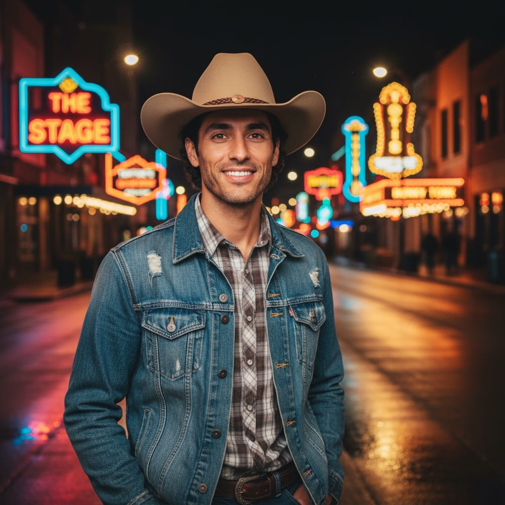 slim latino man broadway neon signs night 91594117