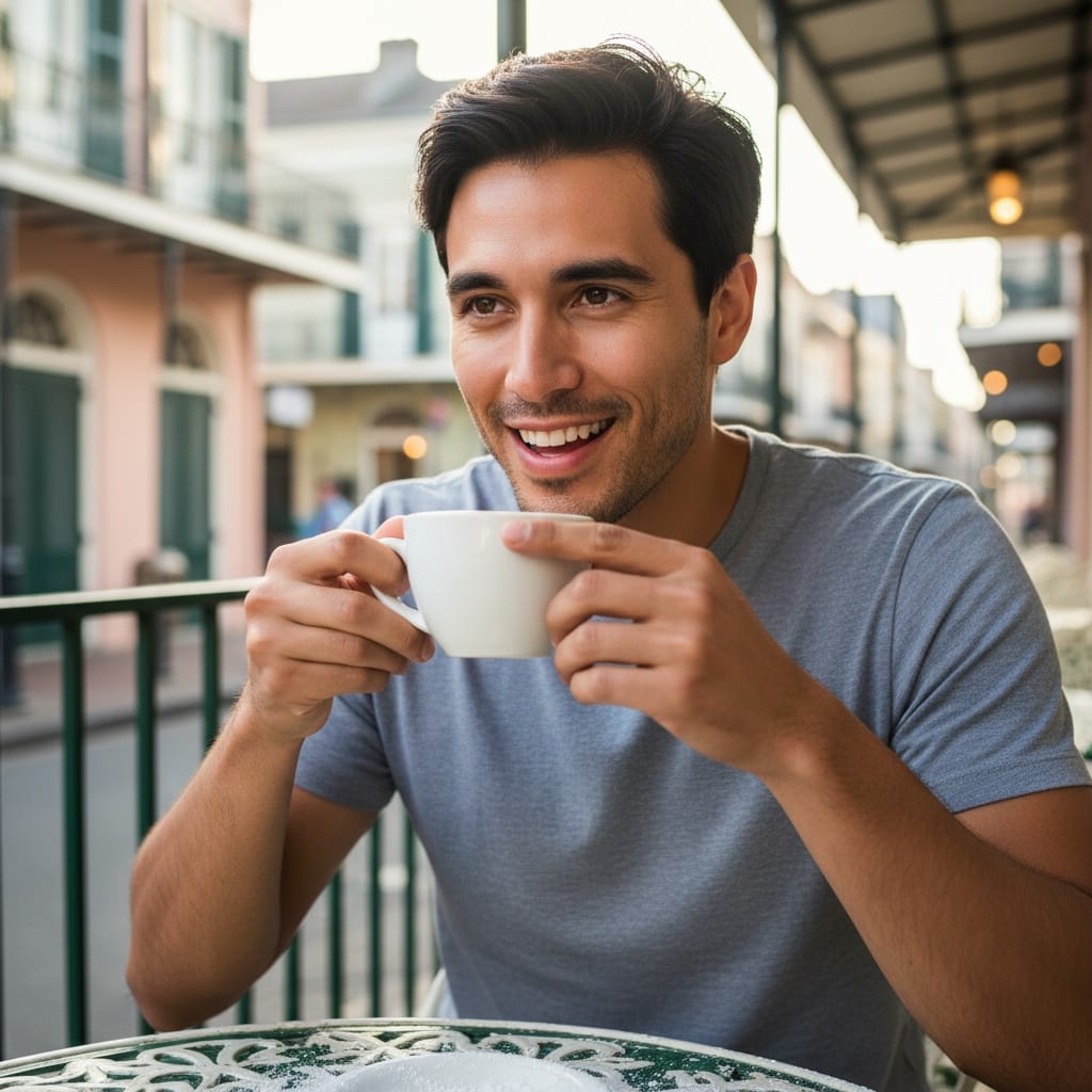 slim latino man cafe du monde beignets 78177432