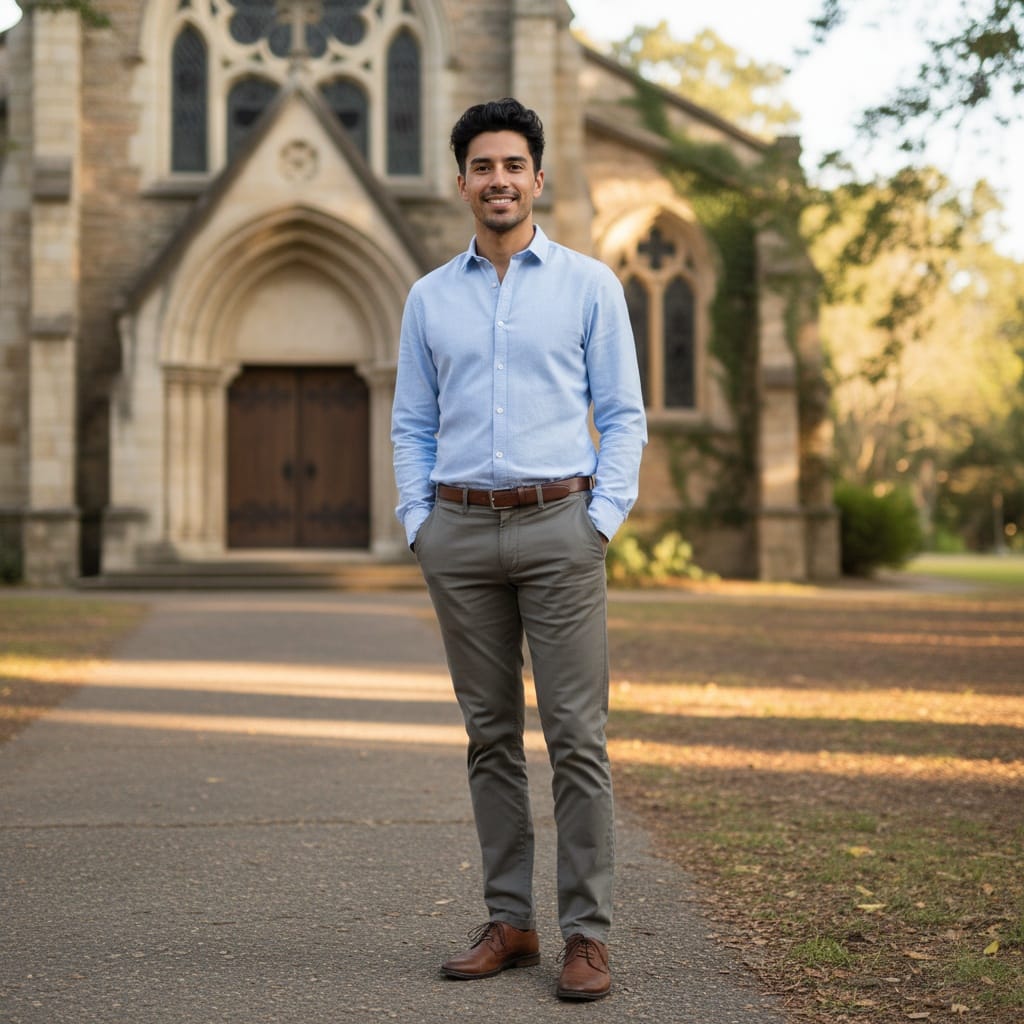 slim latino man church Sunday best portrait 70389030