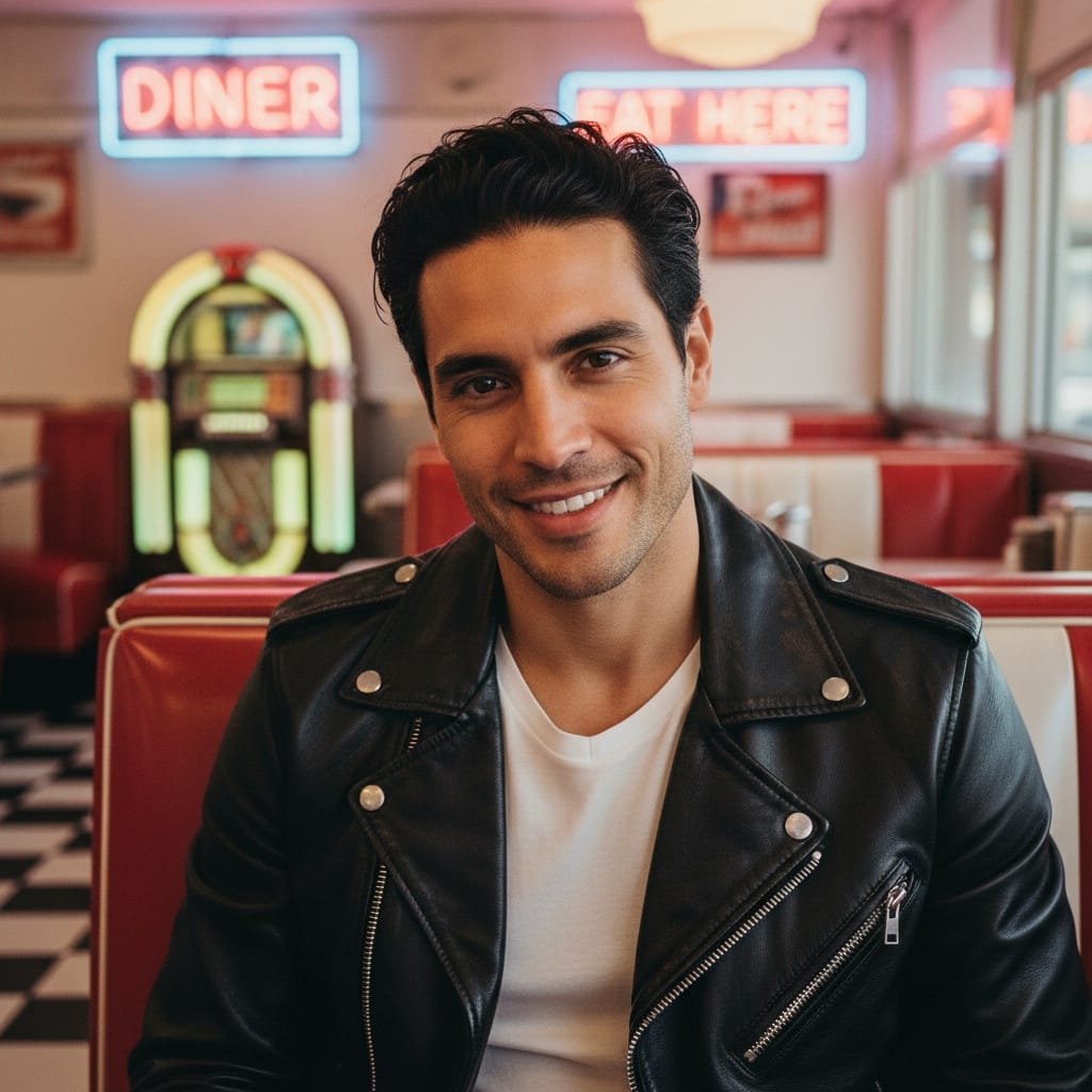 slim latino man classic diner booth 85732993