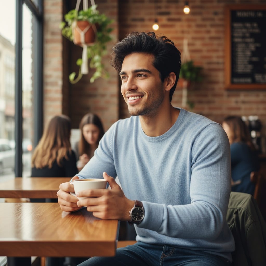 slim latino man coffee shop casual chic 53231792