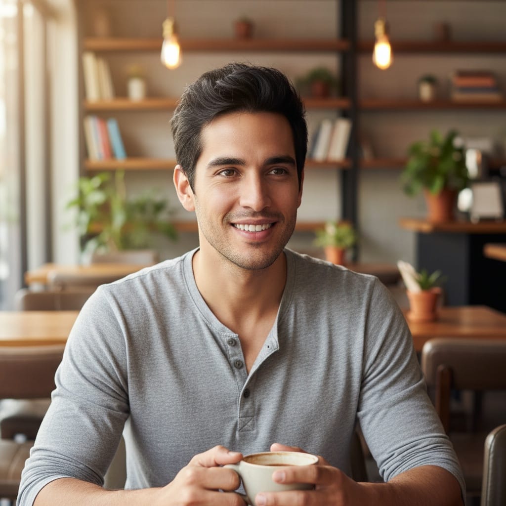 slim latino man coffee shop casual wholesome 71040350