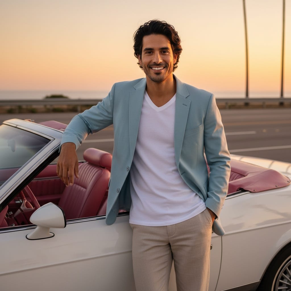 slim latino man convertible sunset glamour 47059823