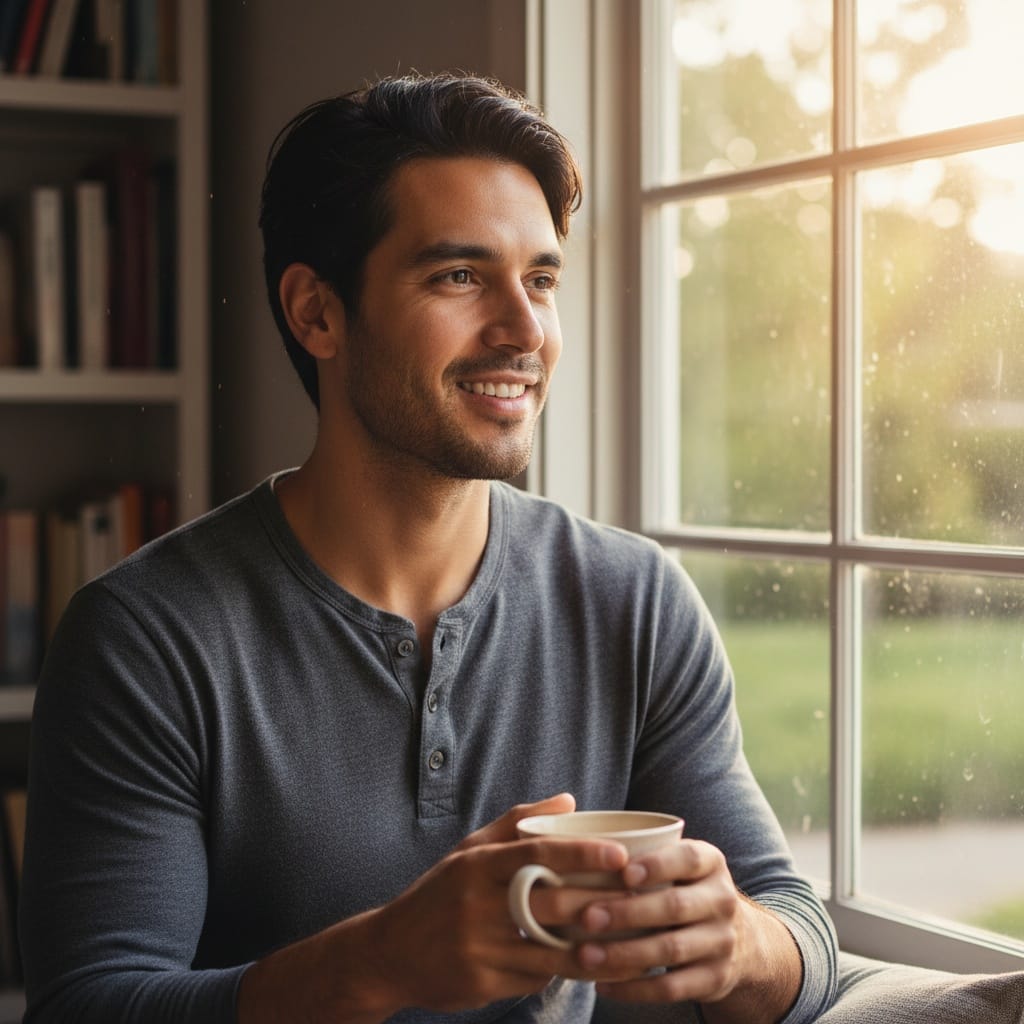 slim latino man cozy morning coffee 40139650