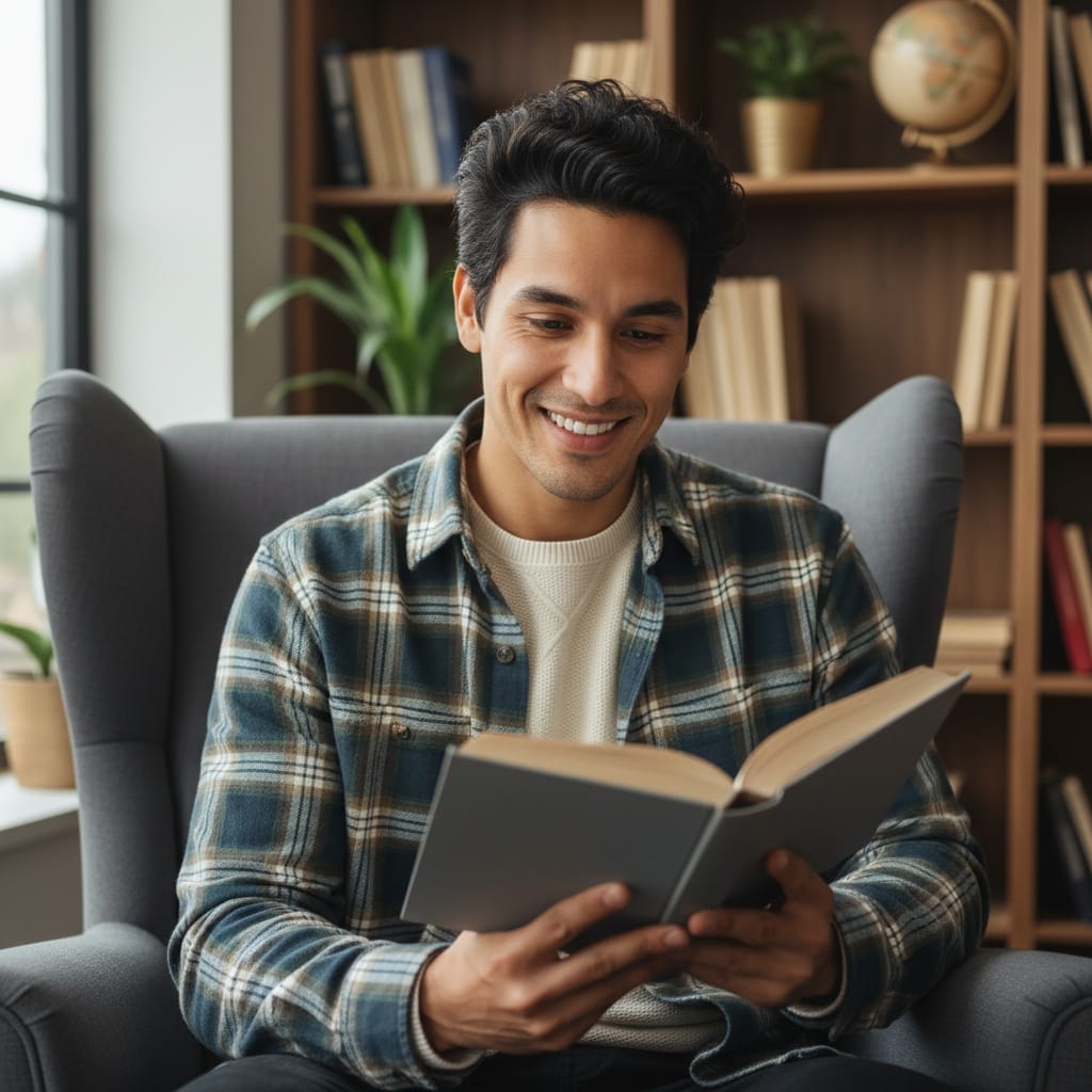 slim latino man cozy reading chair 81063084