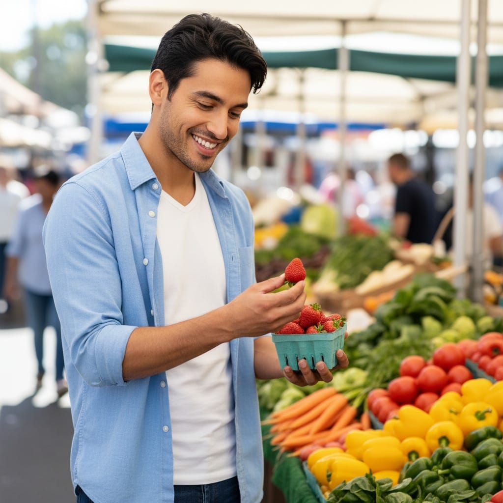 slim latino man grocery shopping farmers market 26546256
