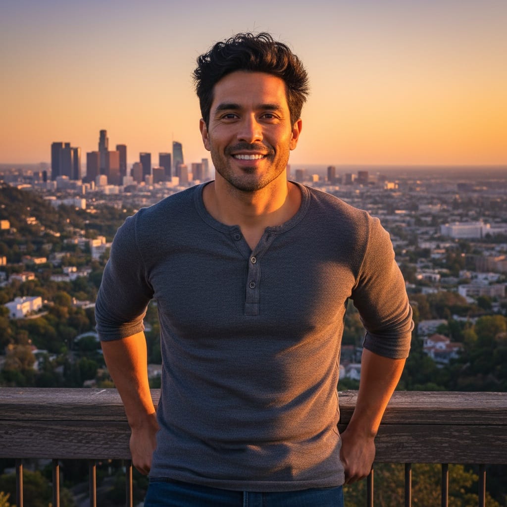 slim latino man hollywood hills overlook sunset 29298365