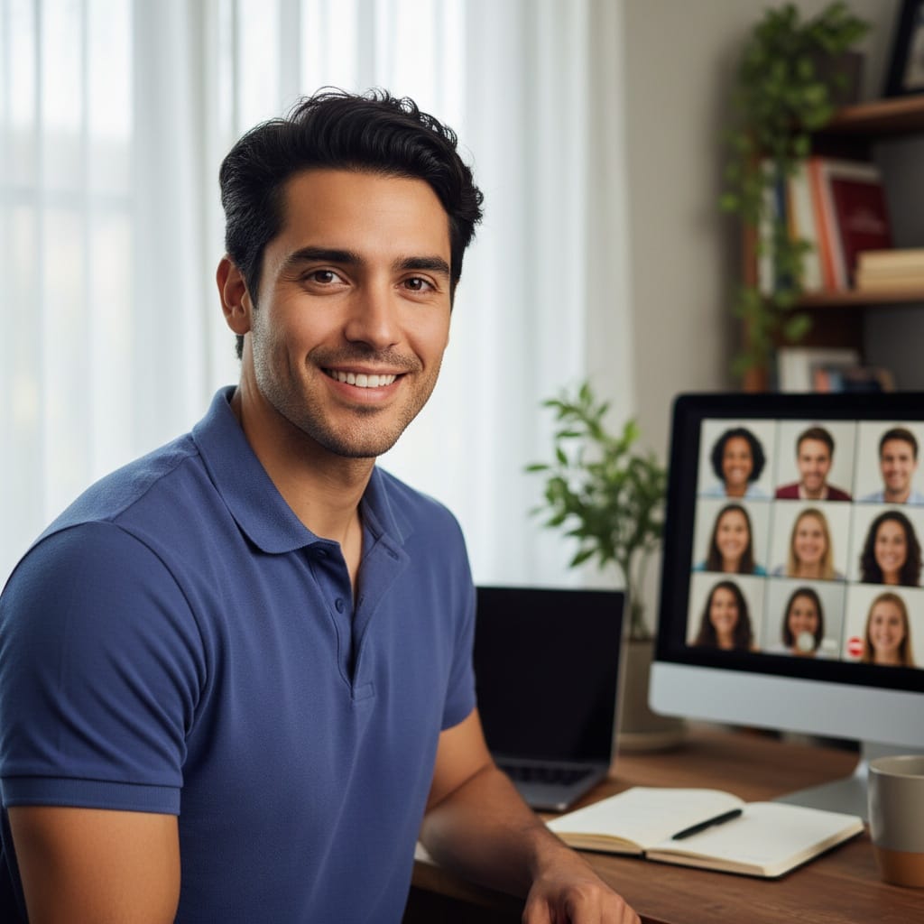 slim latino man home office video call setup 52811316
