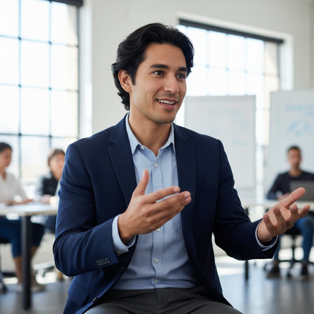 slim latino man inspiring gesture speaking pose 18648866