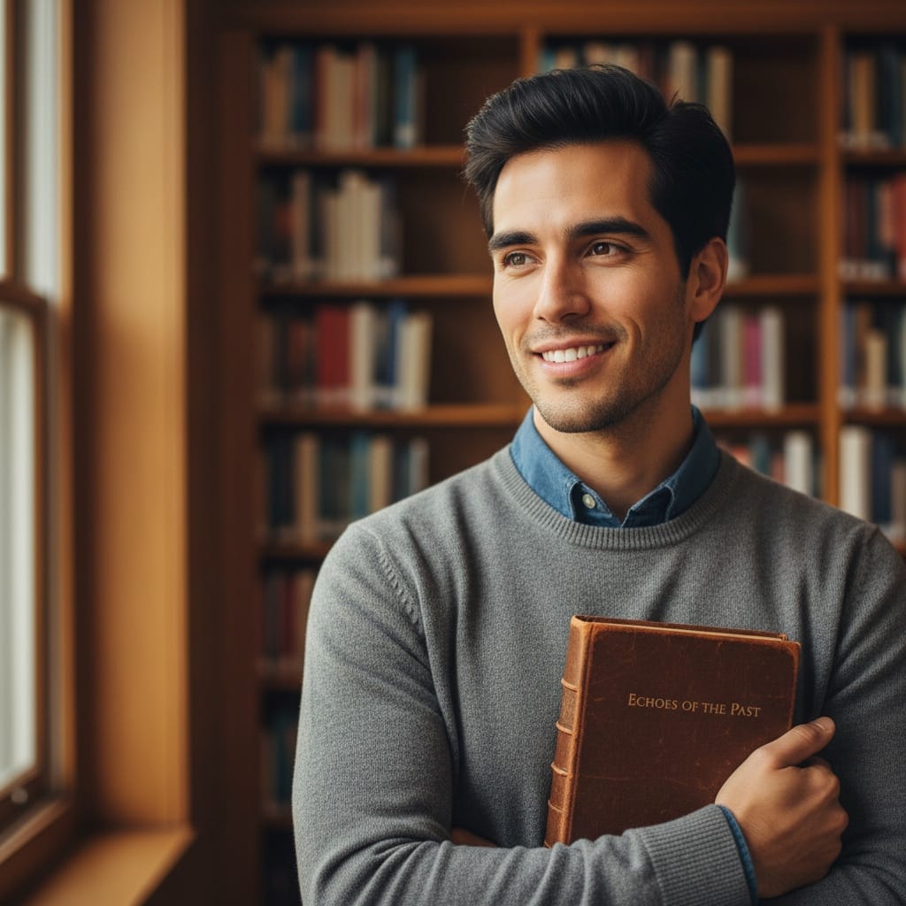 slim latino man library bookshelf portrait 47783663