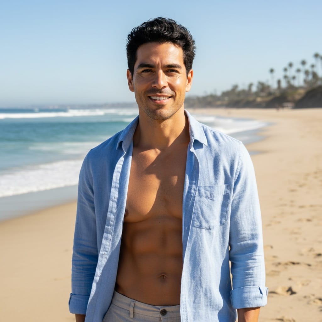 slim latino man malibu beach ocean backdrop 12936521