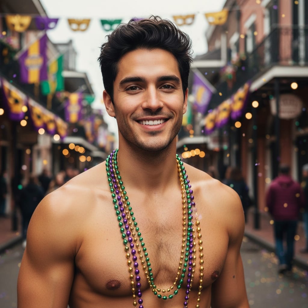 slim latino man mardi gras beads celebration 66784150