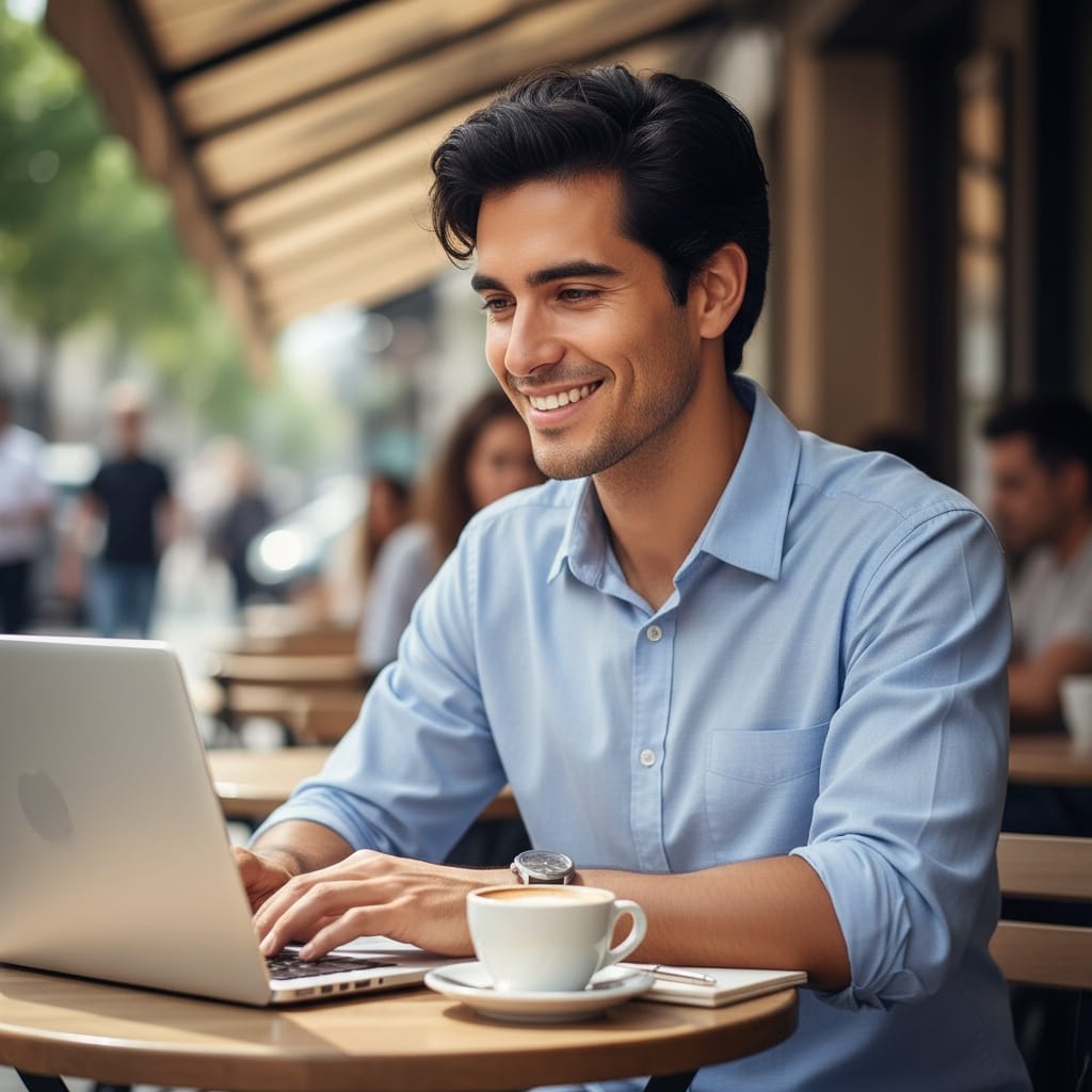 slim latino man outdoor cafe laptop 60284892