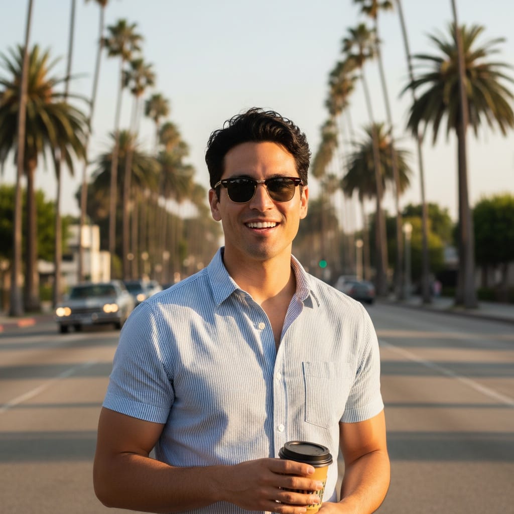 slim latino man palm tree lined street 92268894