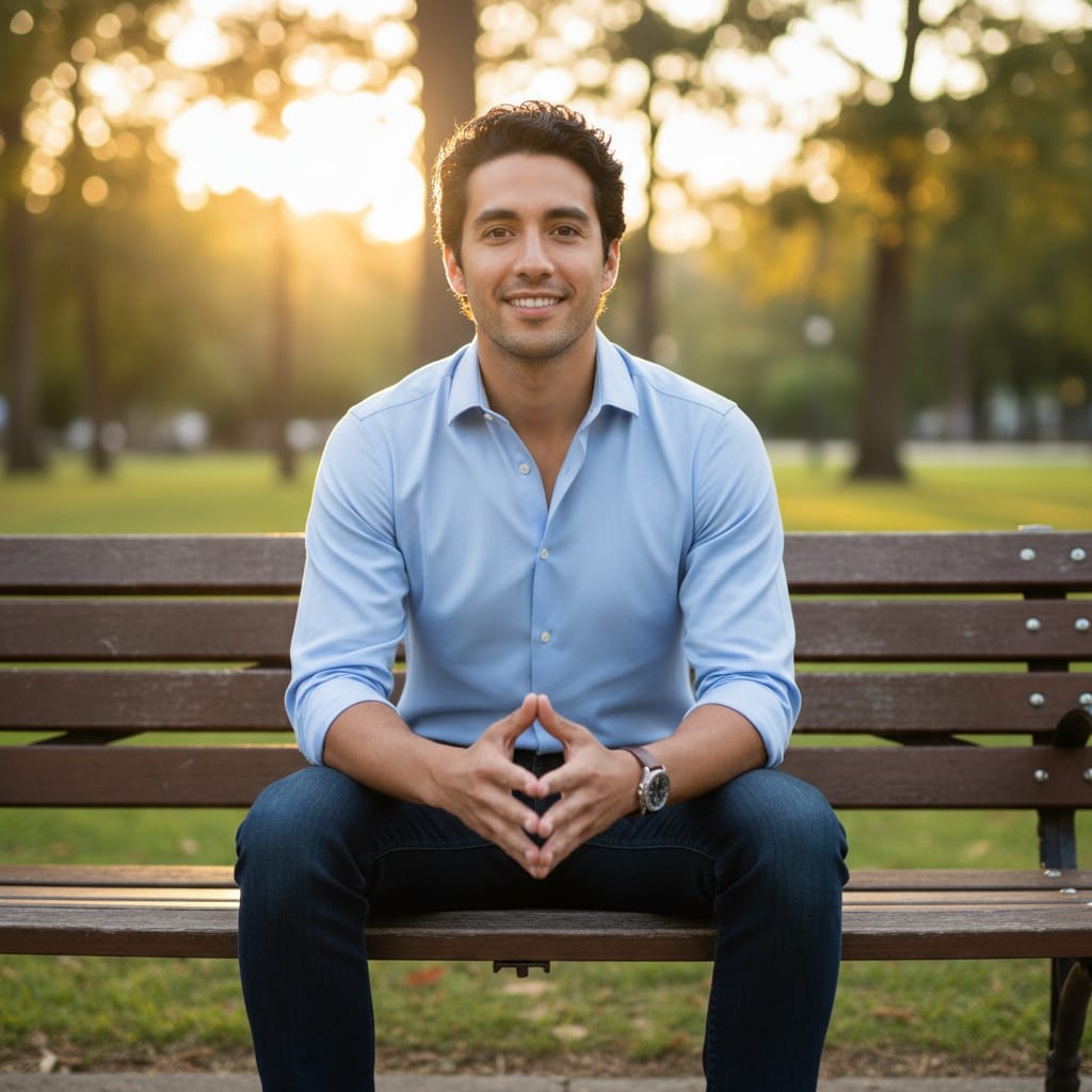 slim latino man park bench golden hour 96778915
