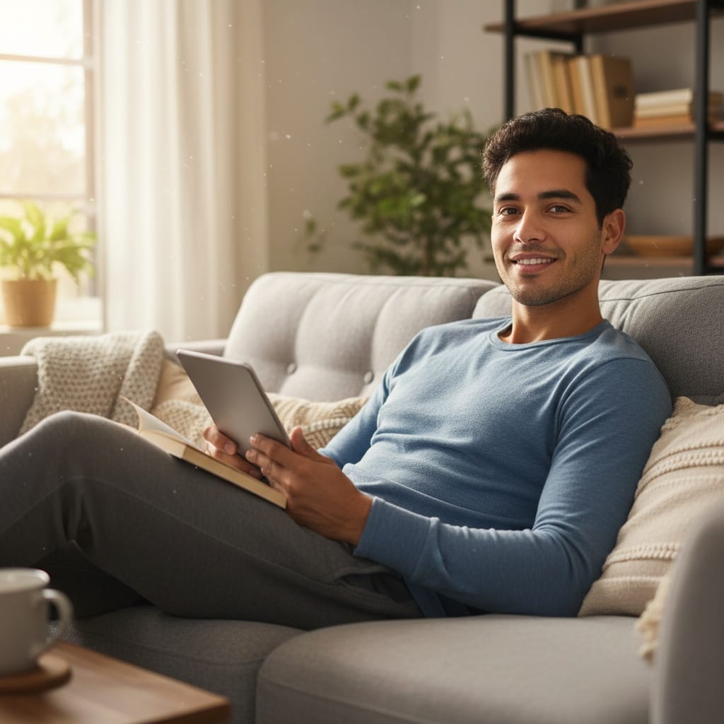 slim latino man reading relaxing couch 60192820