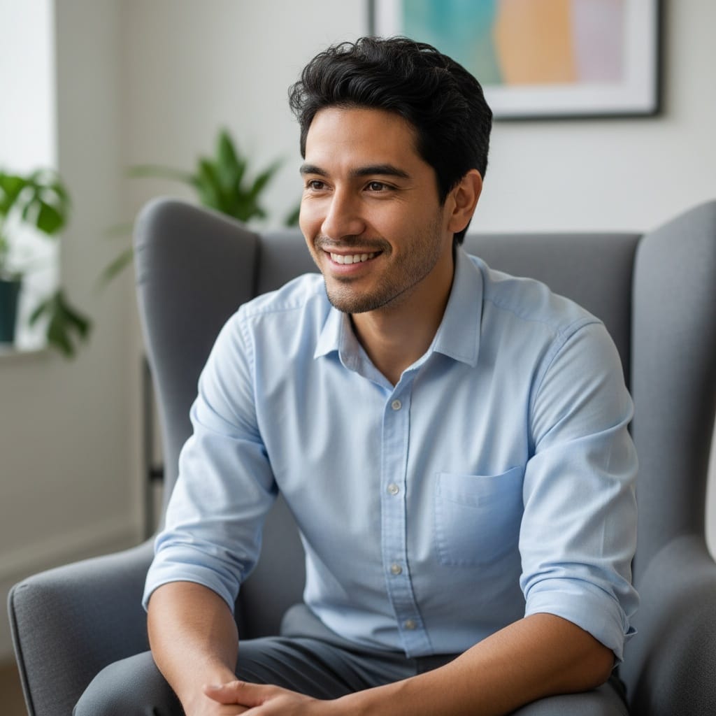 slim latino man relaxed sitting consultation pose 49025700