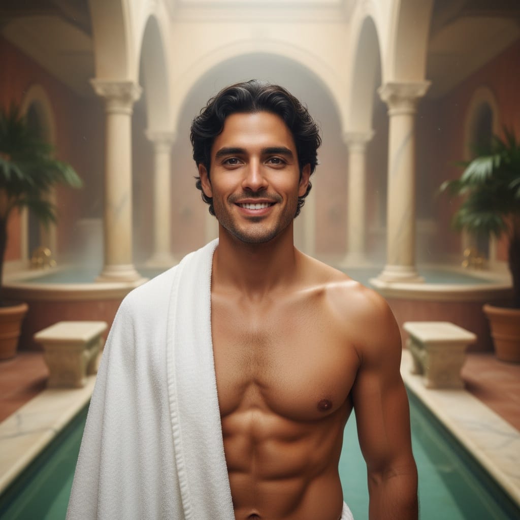 slim latino man roman bath house 49290688
