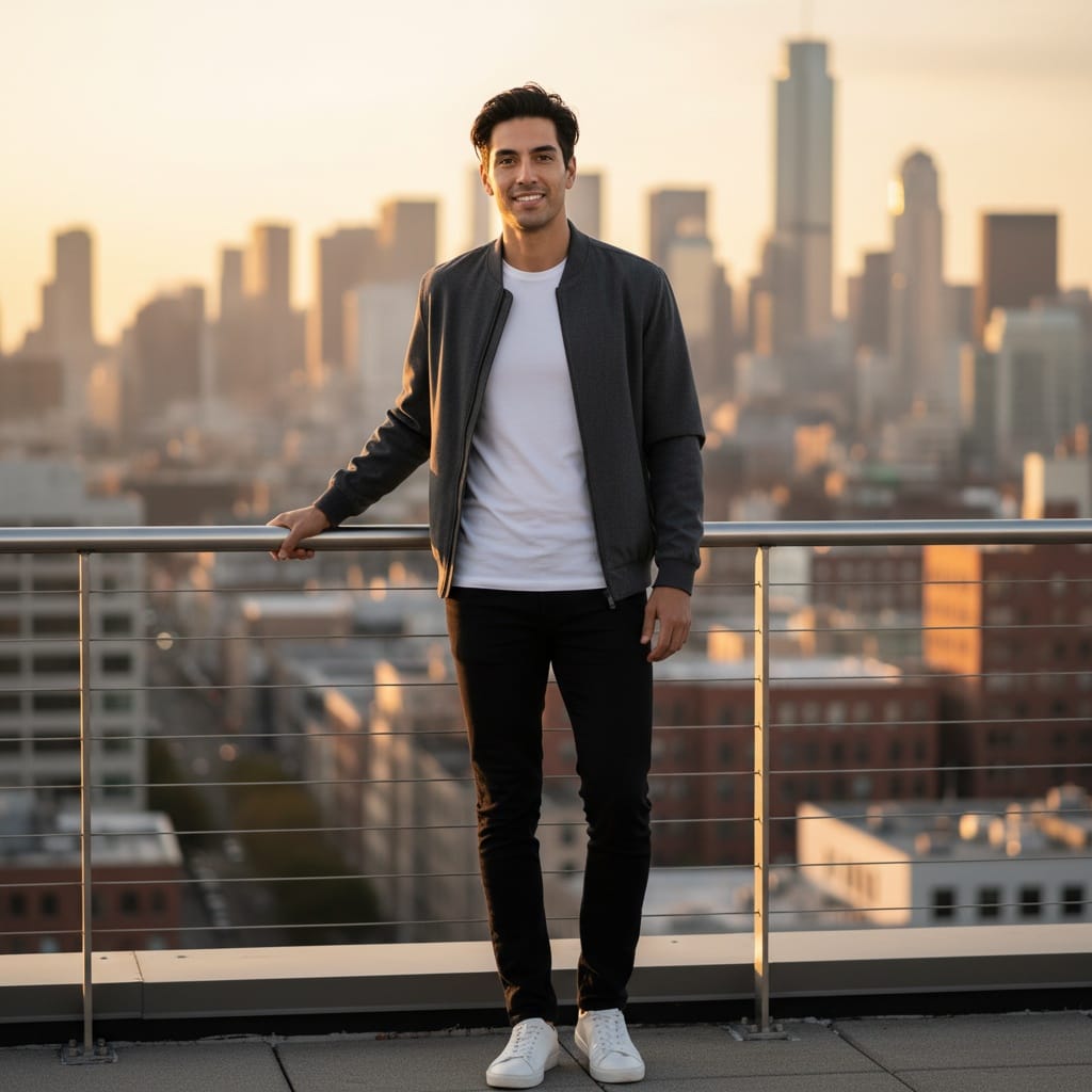 slim latino man rooftop city skyline 75324070