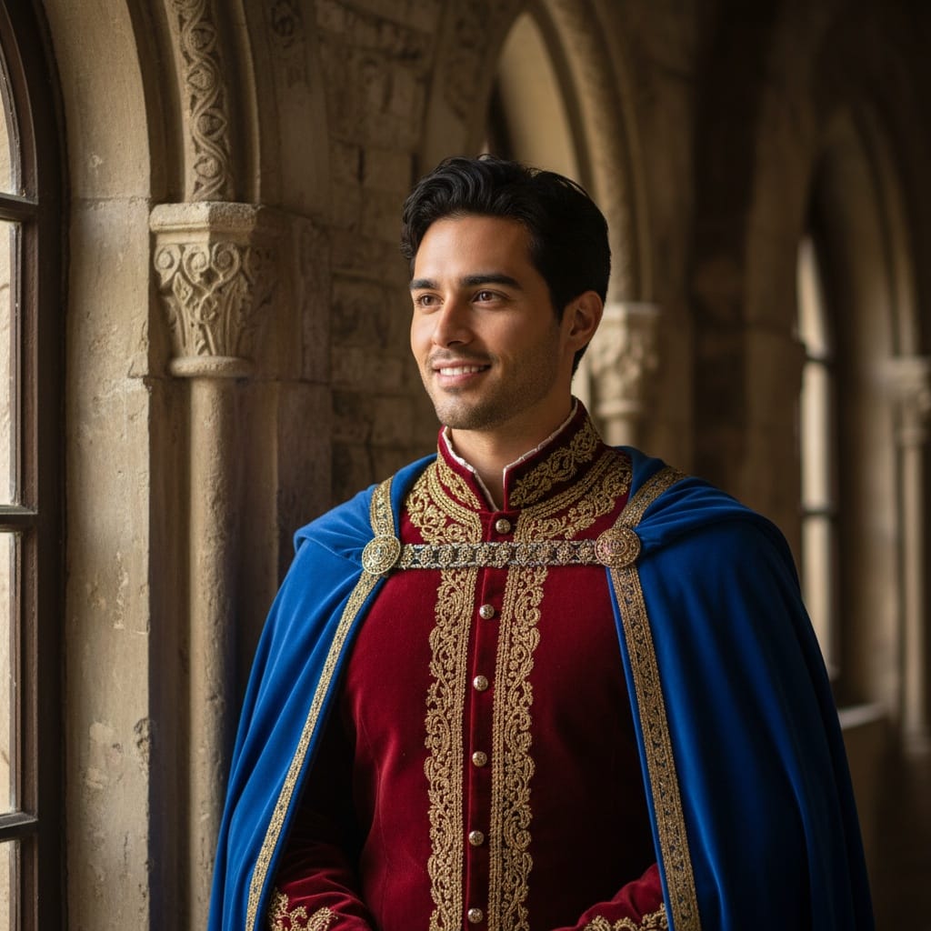 slim latino man royal portrait castle window 10678434