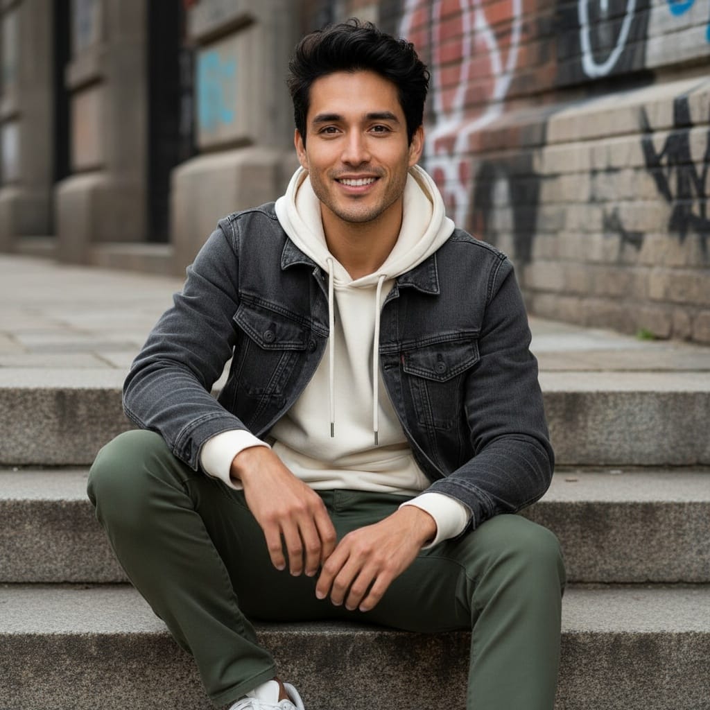slim latino man sitting steps casual 23043188