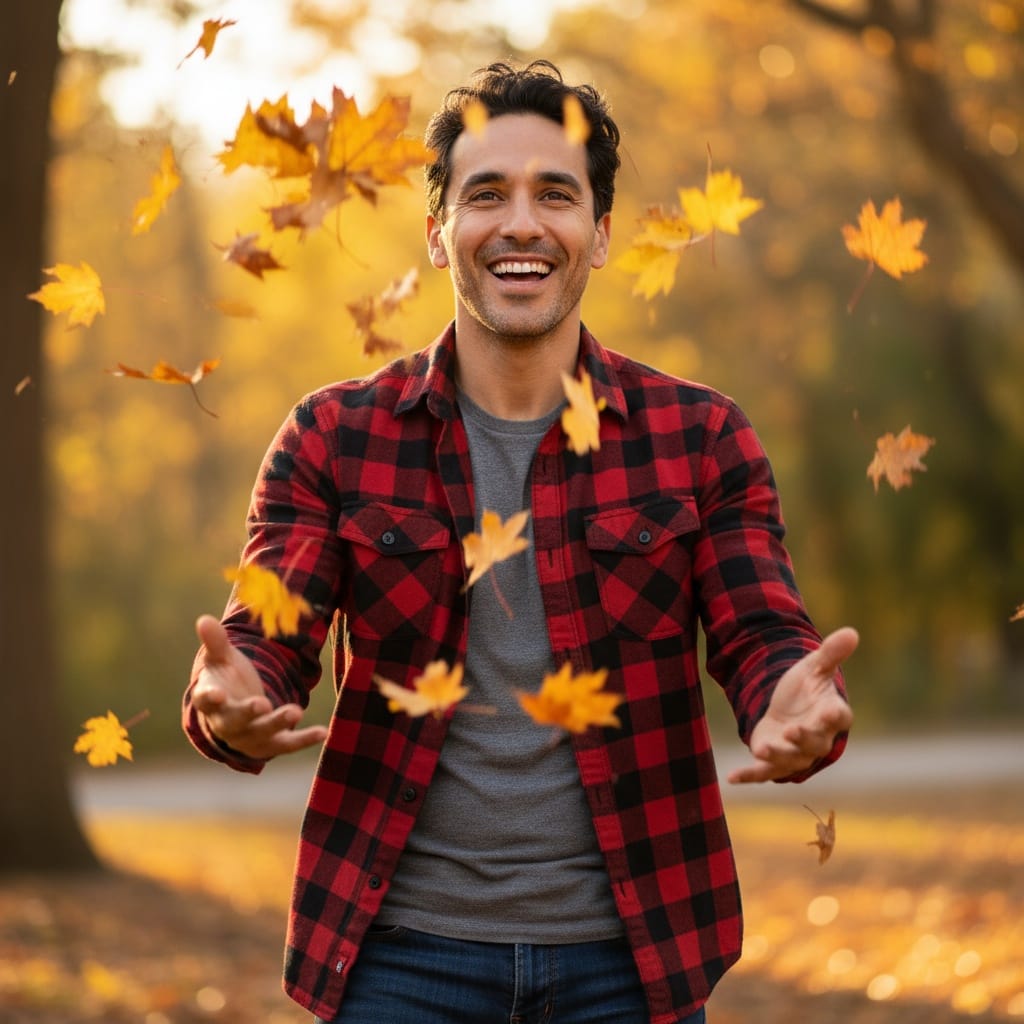 slim latino man throwing autumn leaves 95681963