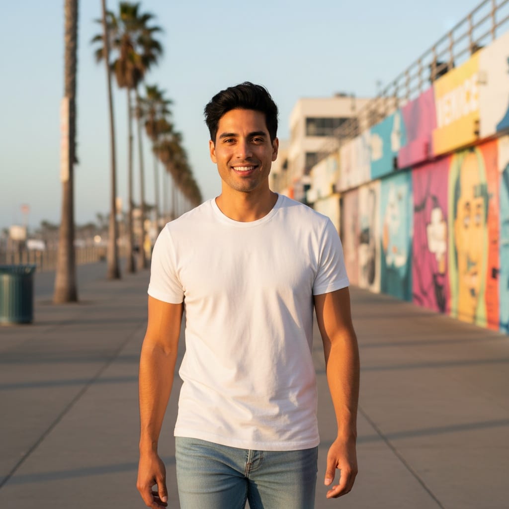 slim latino man venice beach boardwalk golden hour 53056127