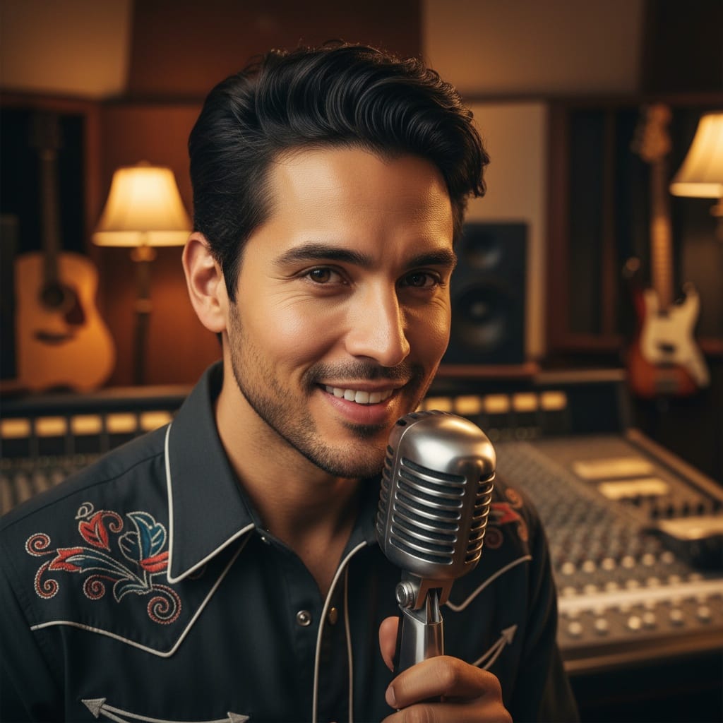 slim latino man vintage microphone close up 75297821