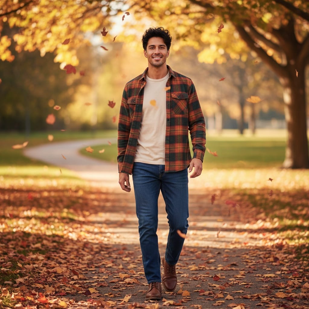slim latino man walking through autumn leaves 54181592