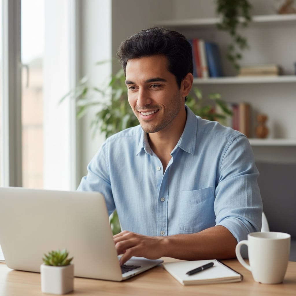 slim latino man work from home desk 26806475