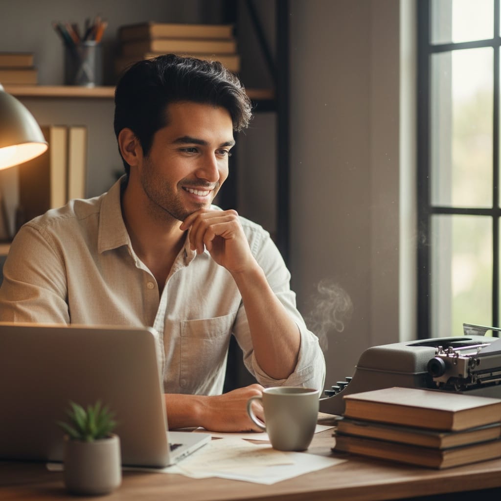 slim latino man writing desk workspace 77699820