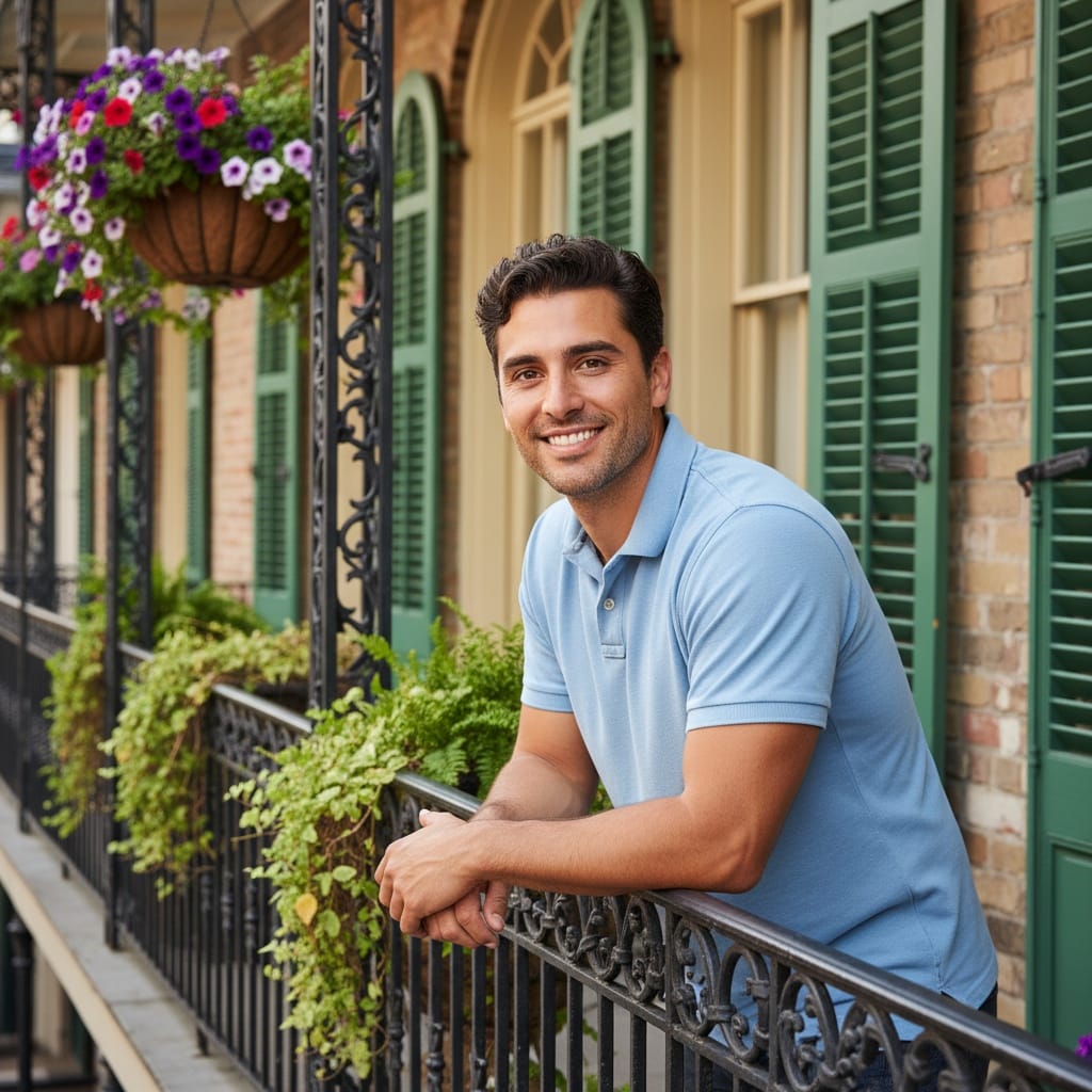 slim latino man wrought iron balcony 58587810